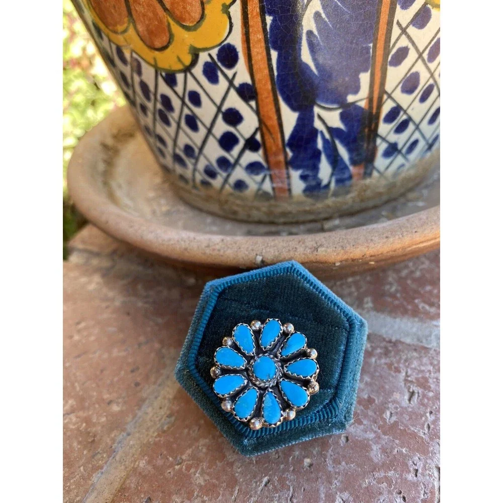 Navajo Sterling Silver Turquoise Cluster Ring - Picture 5 of 8